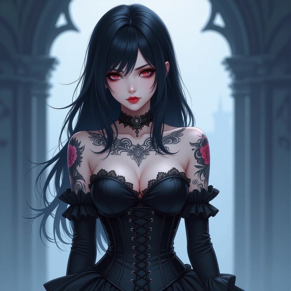 Goth Anime Woman With Intricate Tattoos
