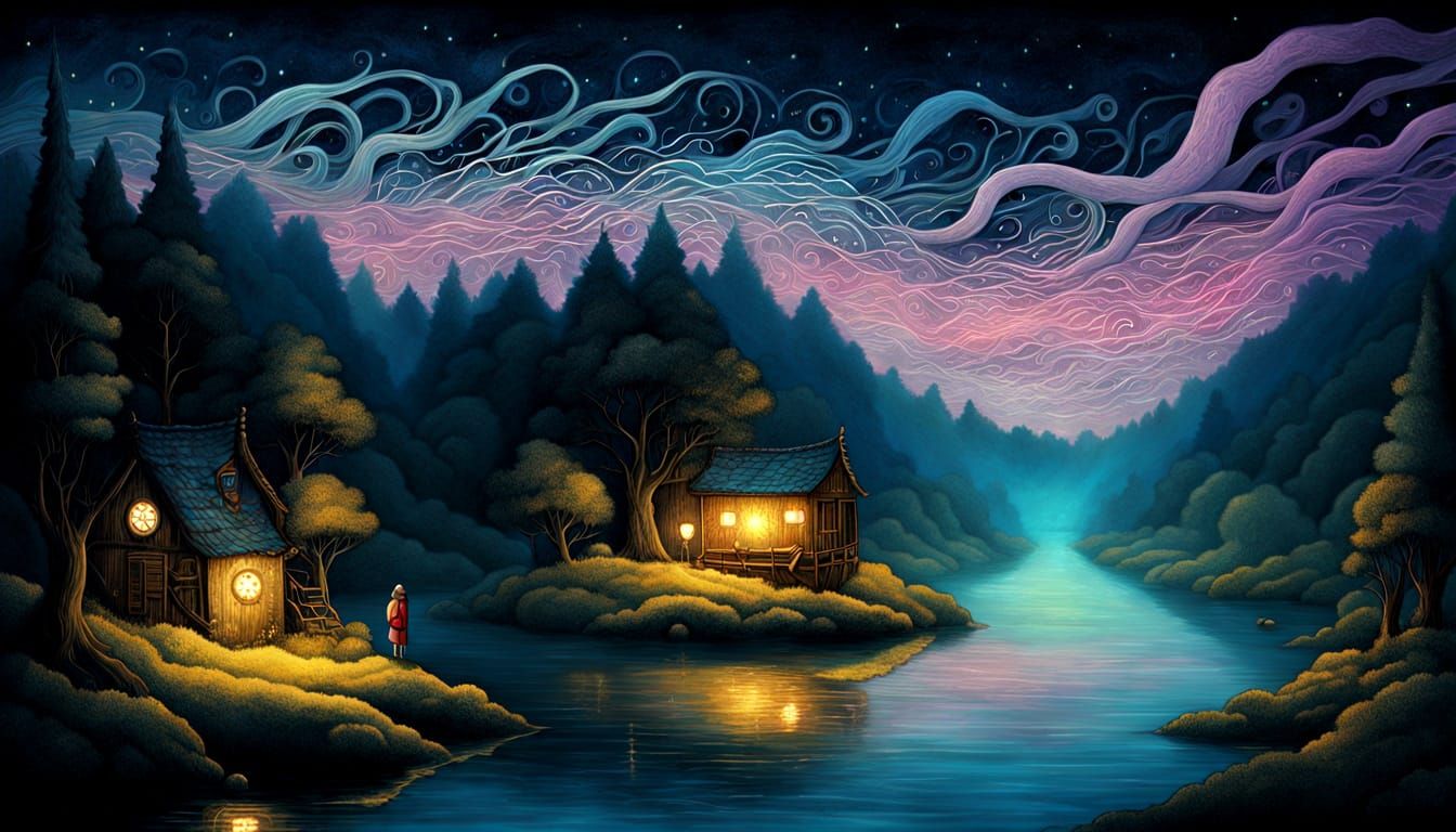 Glowing Waterwheel in a Bioluminescent Night Scene, Oil Pain...