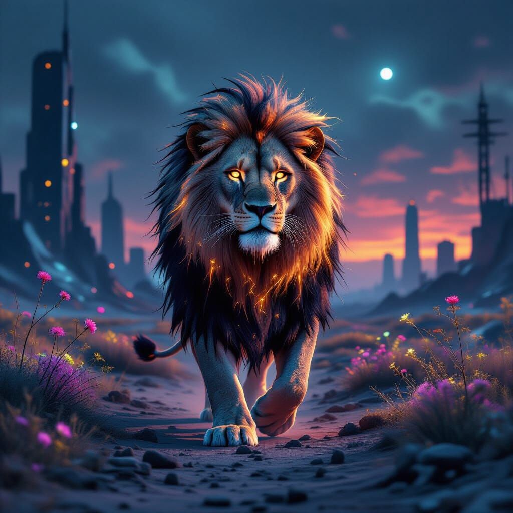 Bioluminescent Lion in Post-Apocalyptic Landscape