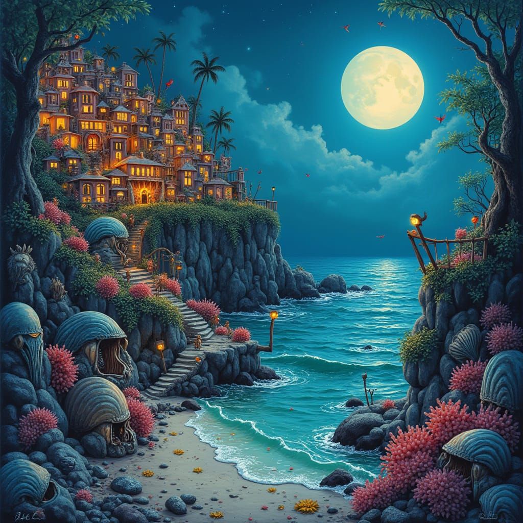 Miniature Merfolk City in Moonlit Cove: Graffiti Art