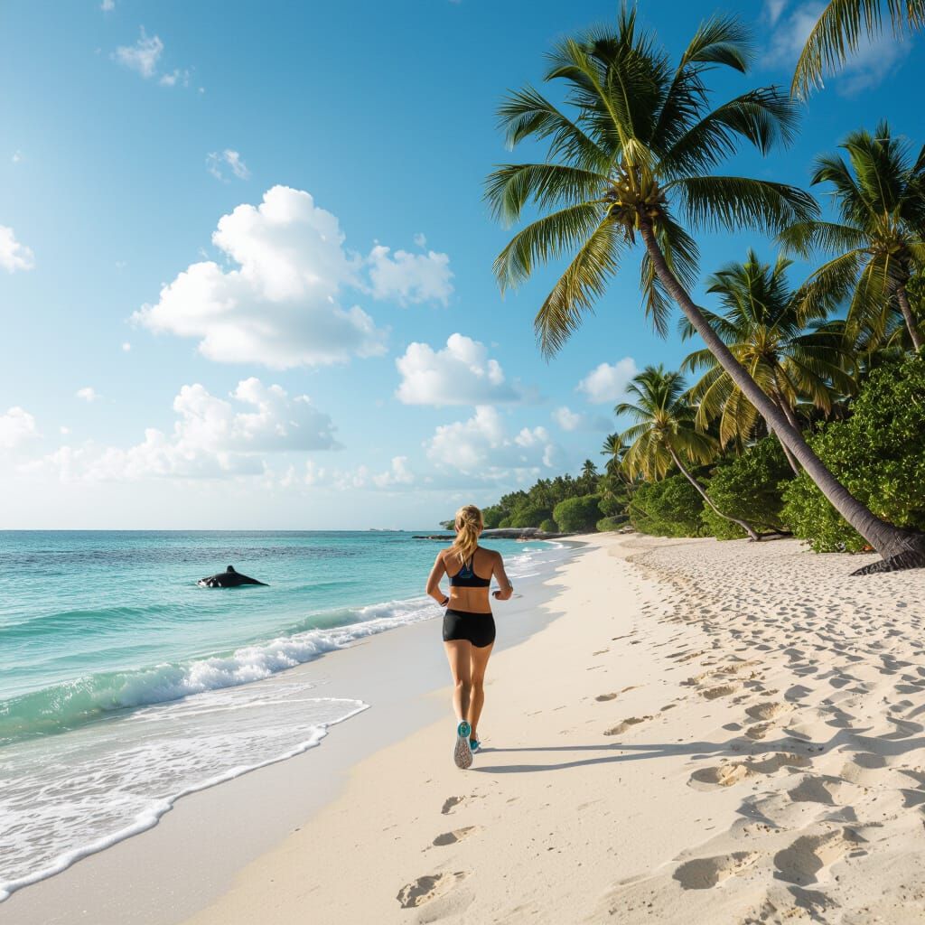 Athlete Runs on Azure Beach with Dolphin