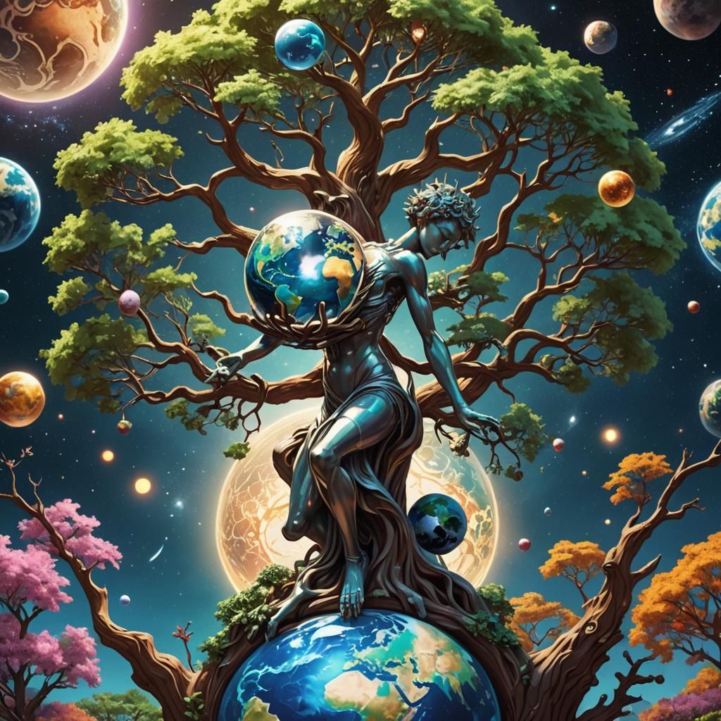 Mythical Statue with Tree of Life in Cosmic Alchemy
