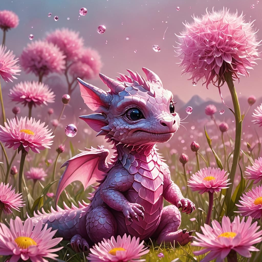 Pink Dragon-Girl Making Wish in Dandelion Field