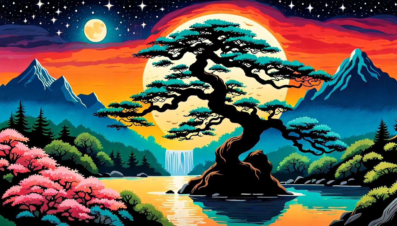 Tropical Island Sunset Seascape with Watercolor Details