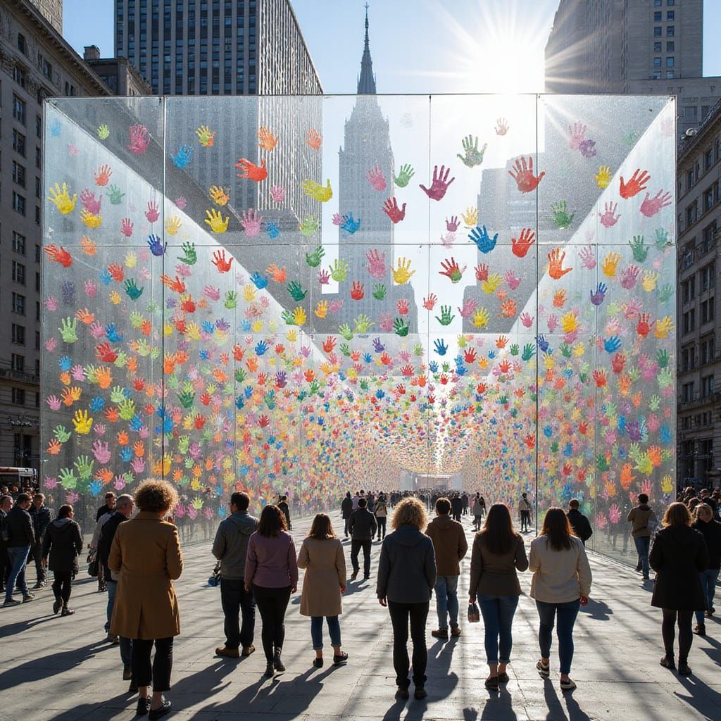 Collective Handprint Art Installation on Transparent City Wa...