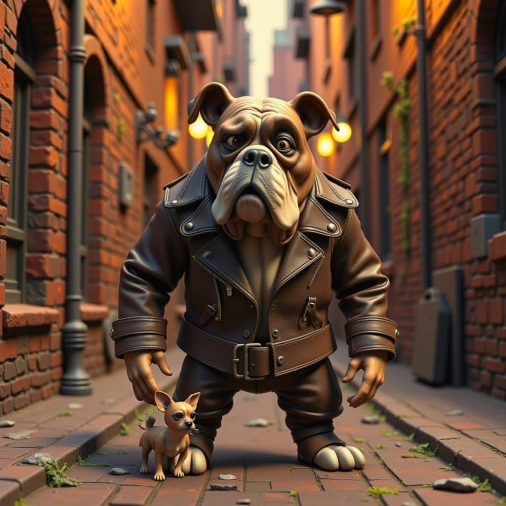 Bulldog and Chihuahua in Urban Alley, Claymation Style