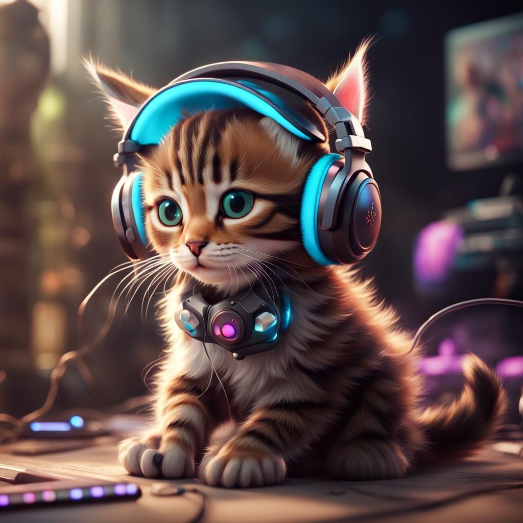 Cute Kitten Gamer in Detailed Digital Painting