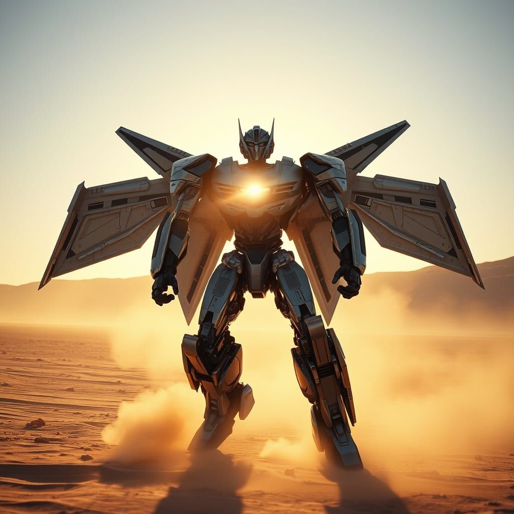 Cybernetic Hero Rises in the Desert Skies