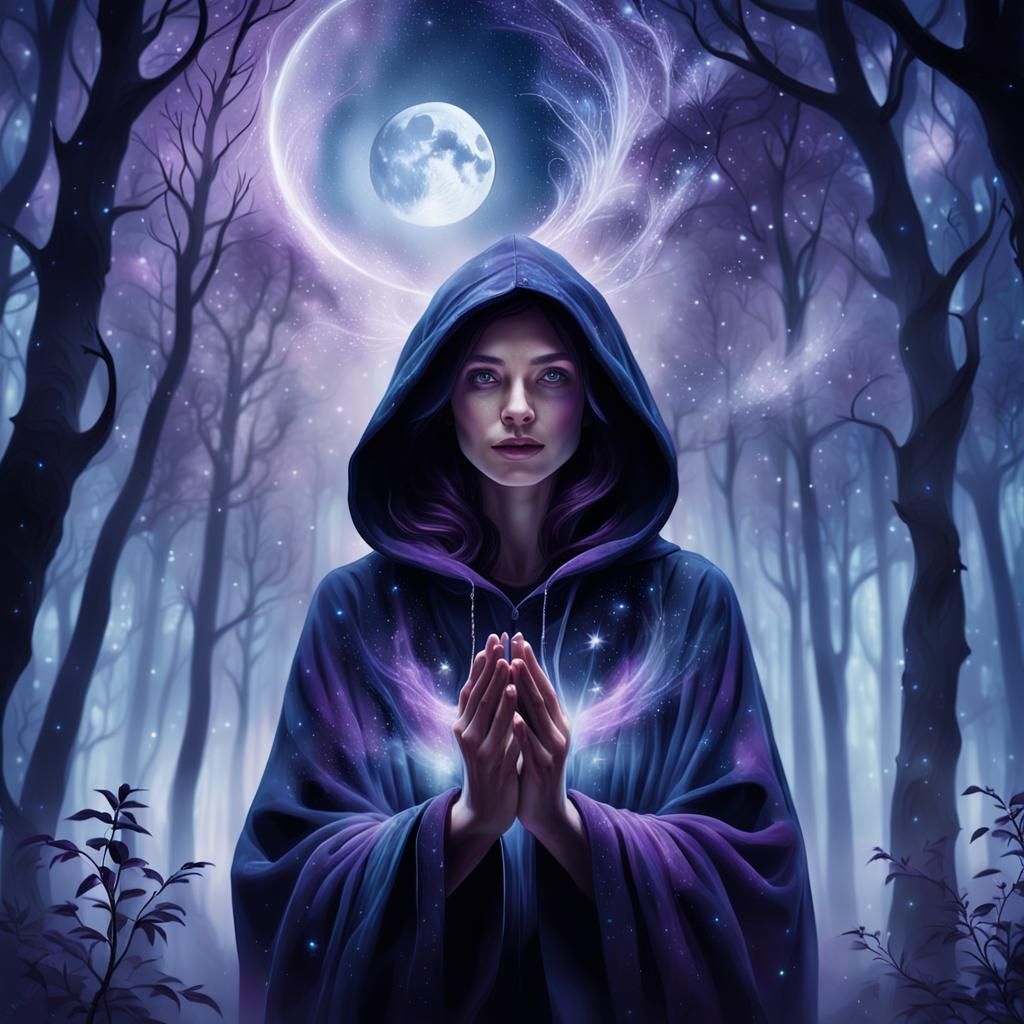 In a moonlit starlit Night in a spooky forest,light blue fog...