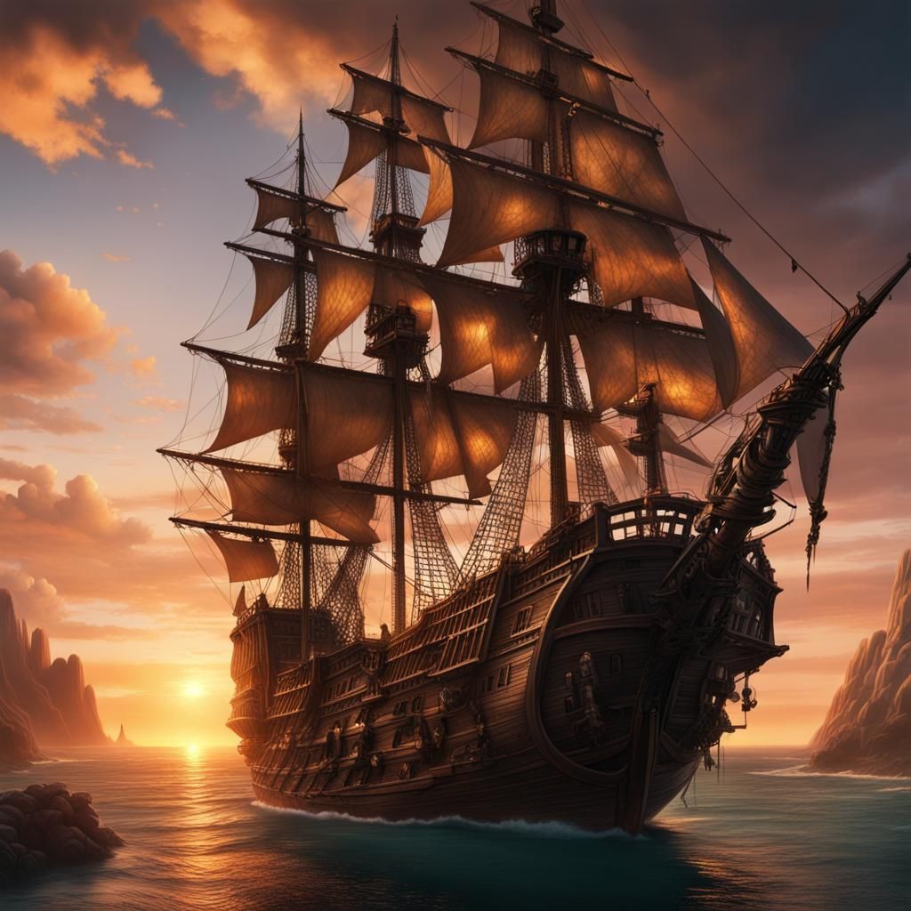 Epic Pirate Ship at Sunset Digital Painting
