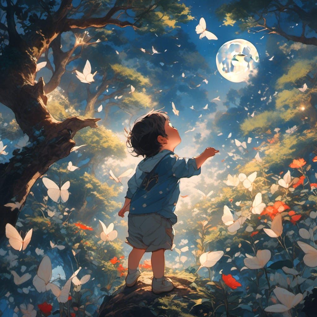 Enchanted Toddler Reaching for Moonlit Sky