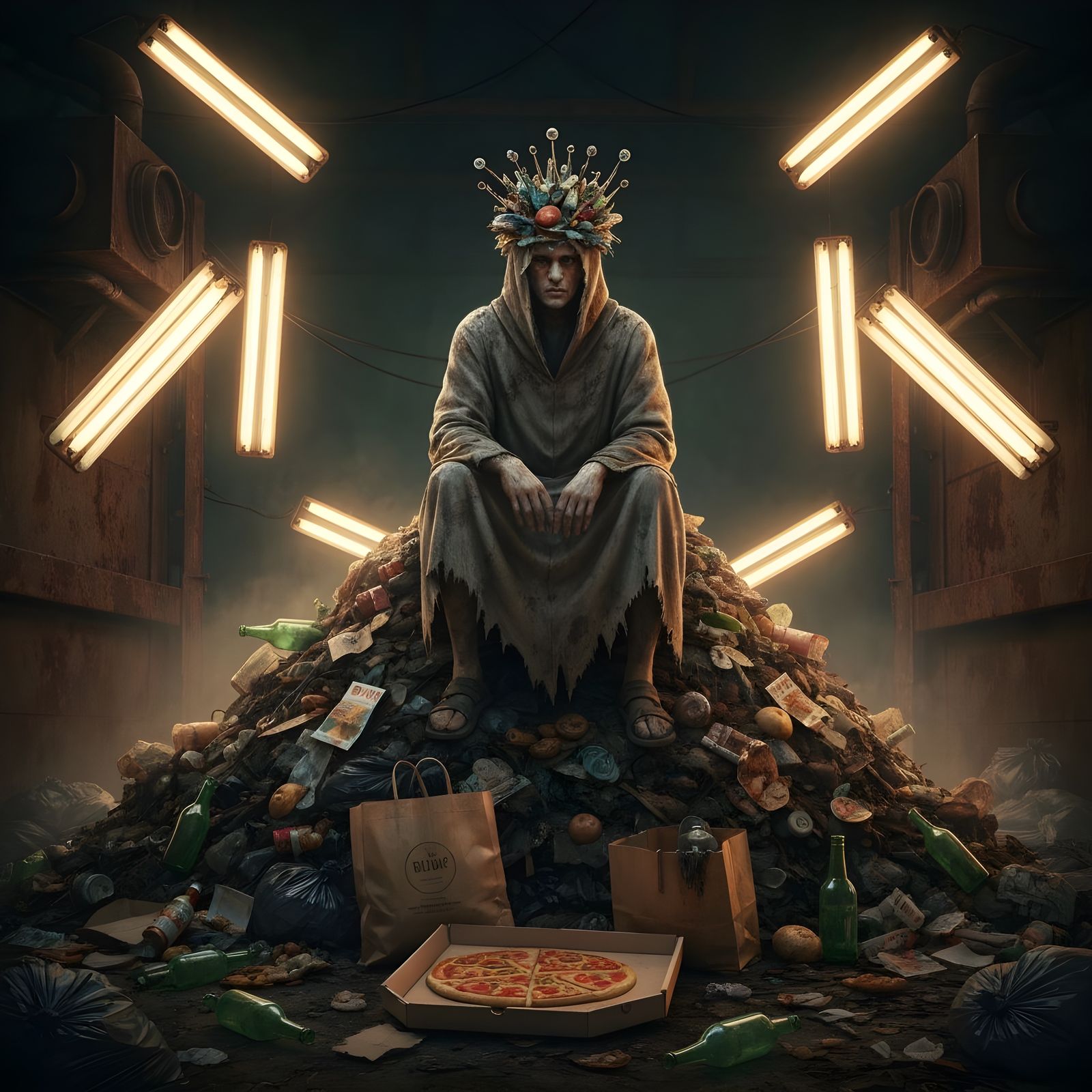 Trash King on Rubbish Throne in Gritty Realism