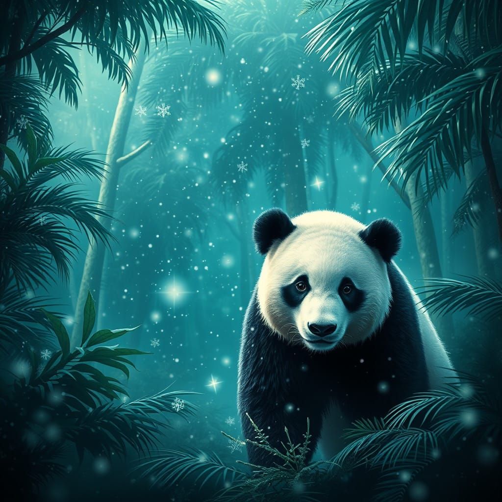 Majestic Panda in Snowy Tropical Forest