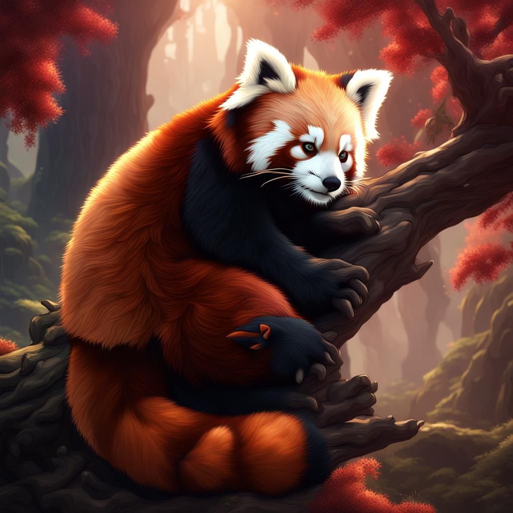 Red Panda Cub Snuggling Mother: Digital Matte Painting