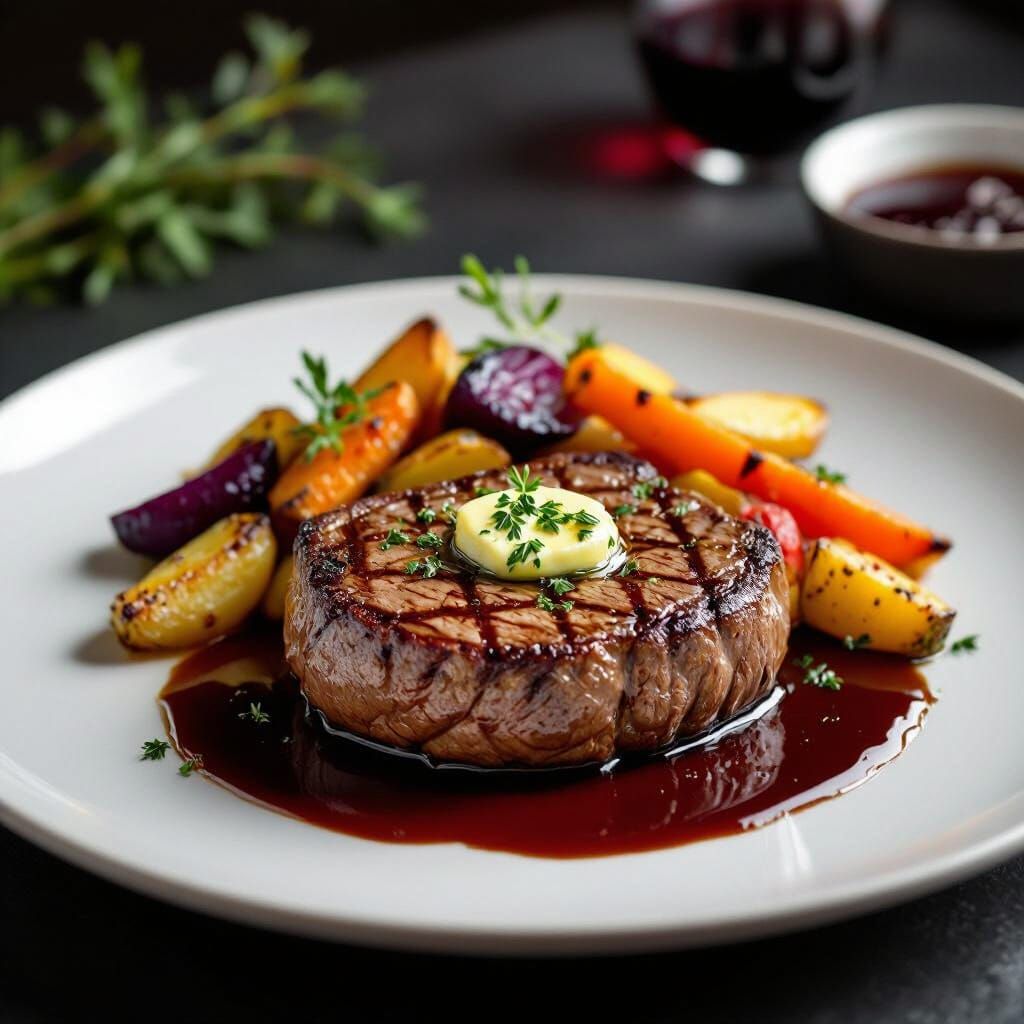 Gourmet Sirloin Steak Plating with Roasted Vegetables