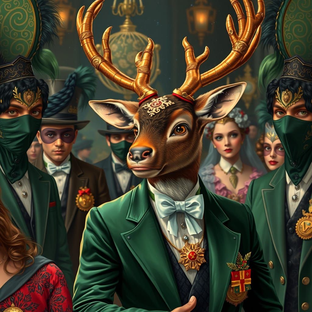 Reindeer in Velvet Suit Attends Masquerade, Art Nouveau Styl...