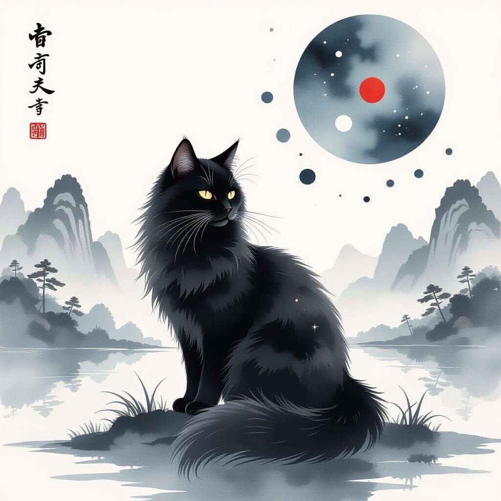 Black Cat in Chinese Watercolor Style with Celestial Ink