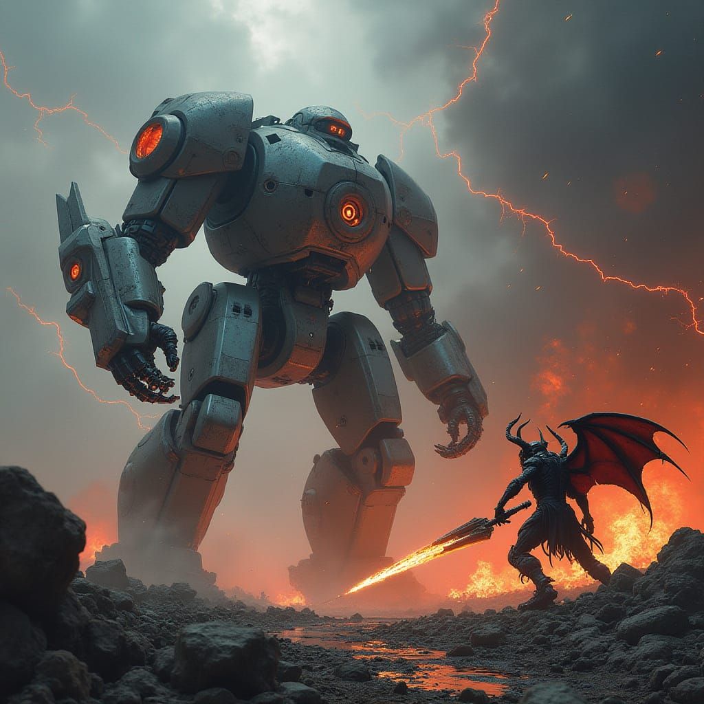Mech and Demon Clash in Ruined City
