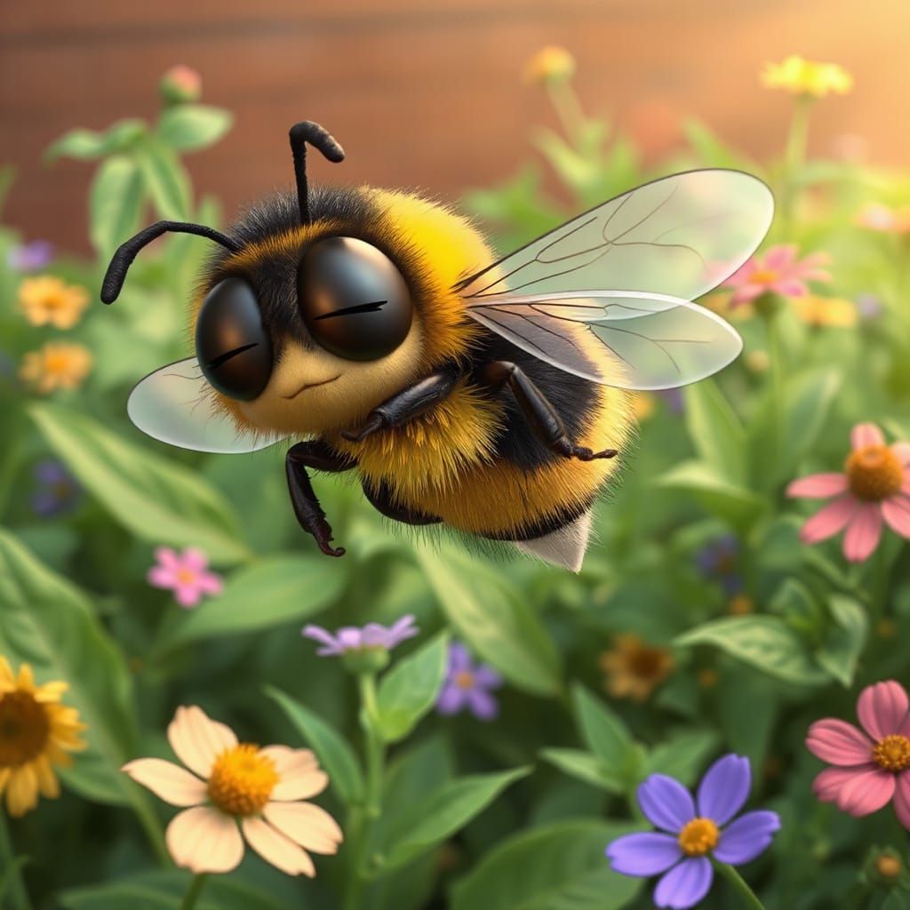 Cartoon Bee Falling Asleep in Garden