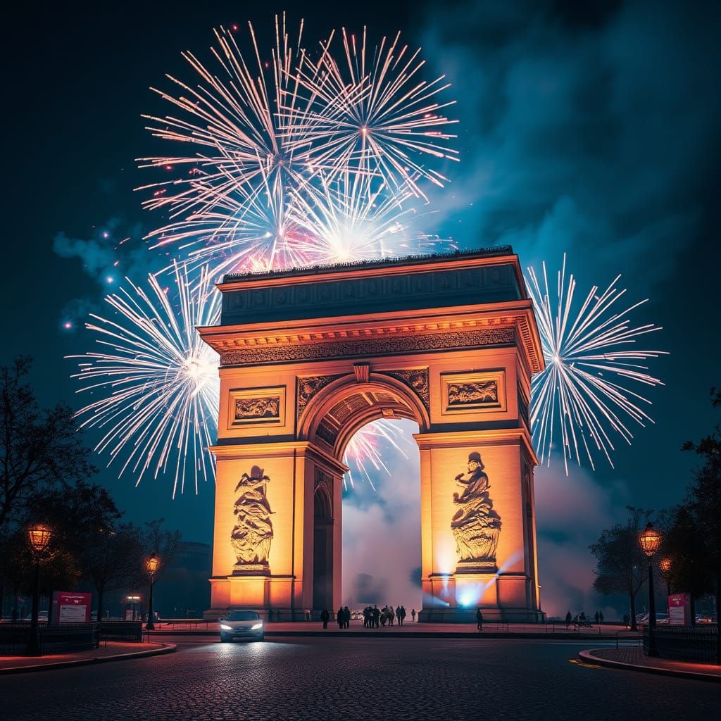 Fireworks Explode Over Arc de Triomphe in Paris