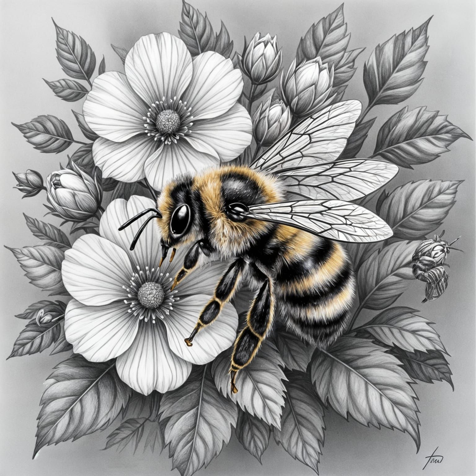 Detailed Graphite Drawing of a Bee Amidst Flowers