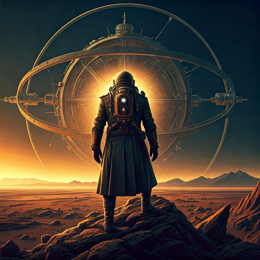 Victorian Space Traveler Gazing at Stars in Retropunk Style