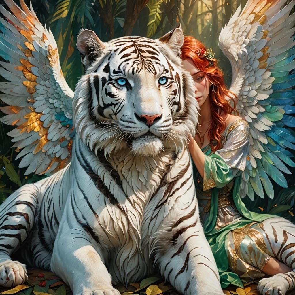 Regal Tiger Angel Embracing, in Vibrant Oil Painting Style