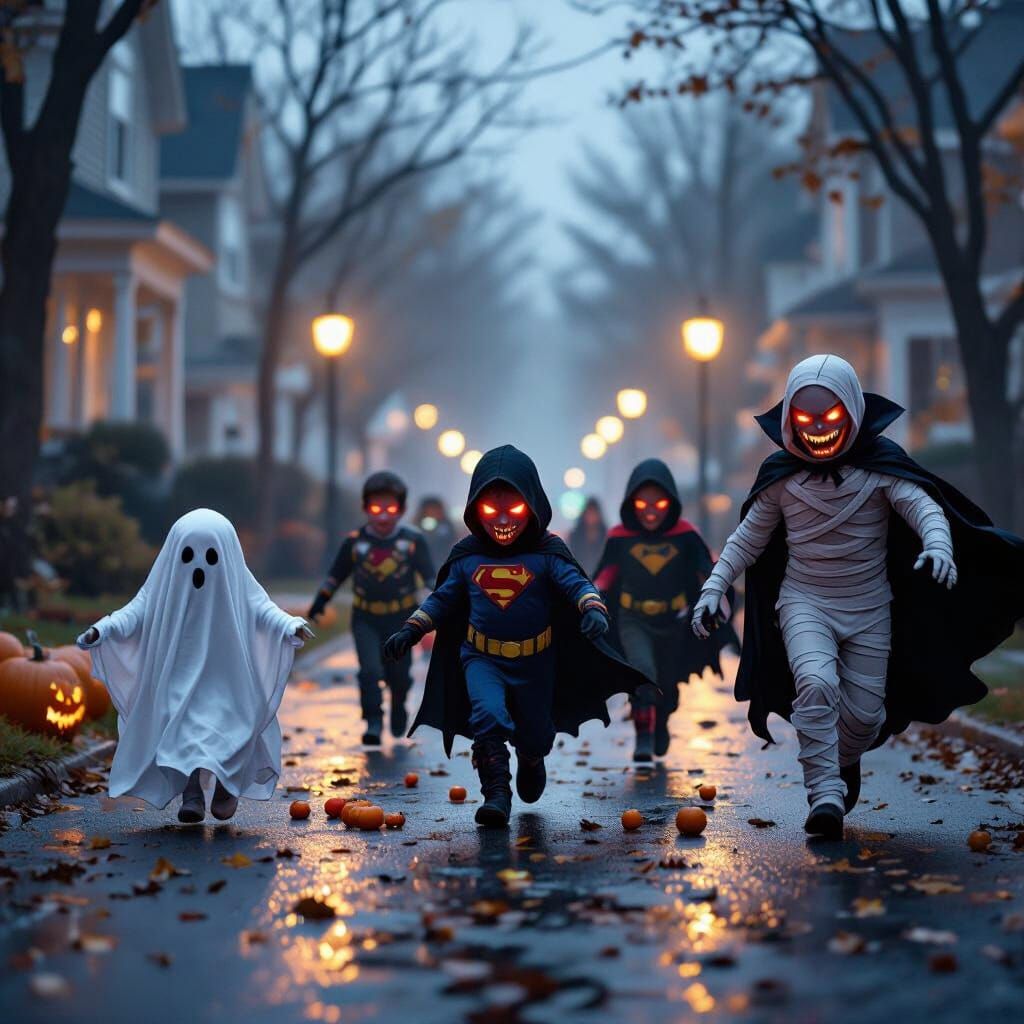 Cinematic Halloween Night in a Foggy Suburban Street