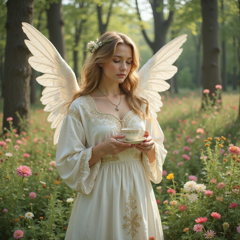 Angel in Morning Garden with Coffee