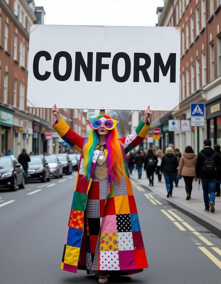 Surreal Double Exposure Street Scene with 'CONFORM' Sign