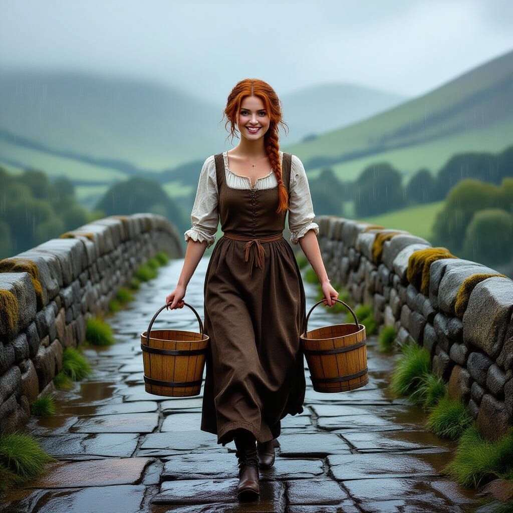 Medieval Scotland Peasant Woman Crosses Misty Bridge