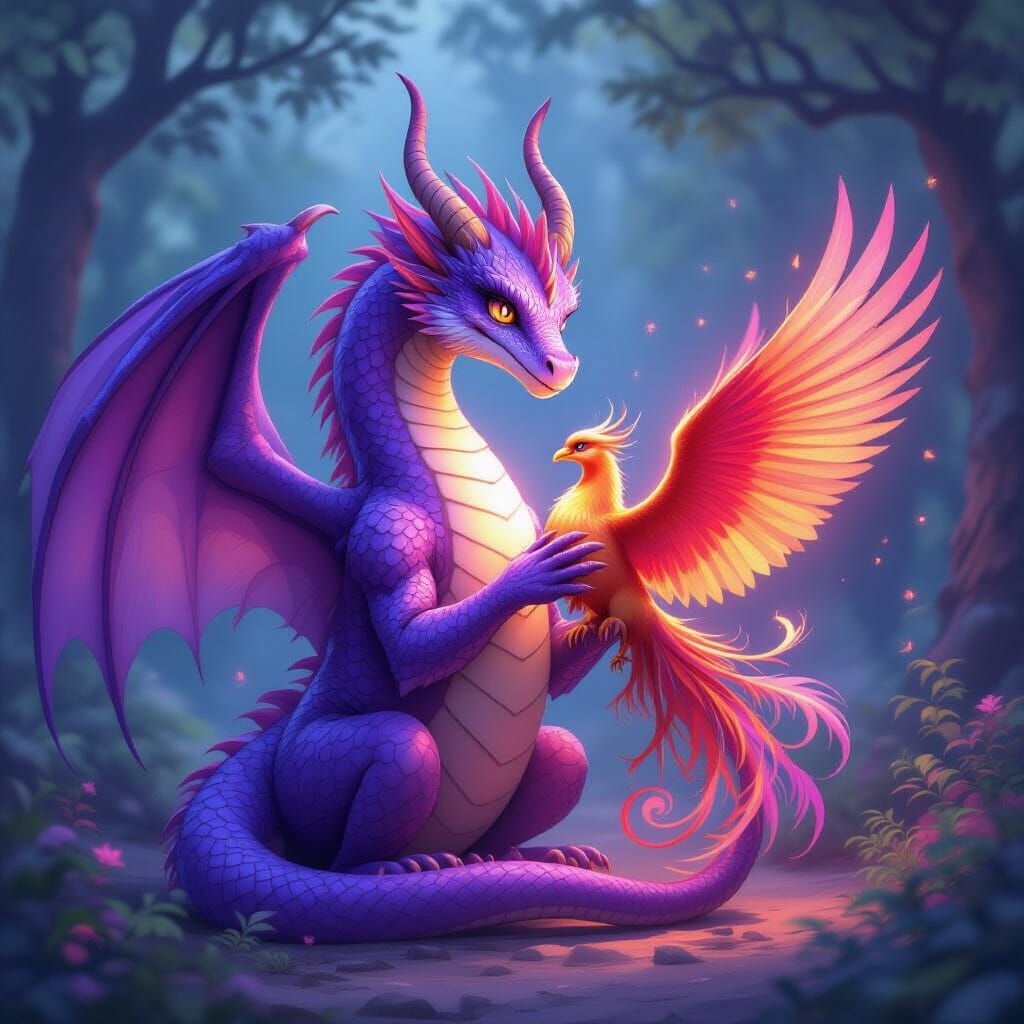 Majestic Purple Dragon Envelops Phoenix