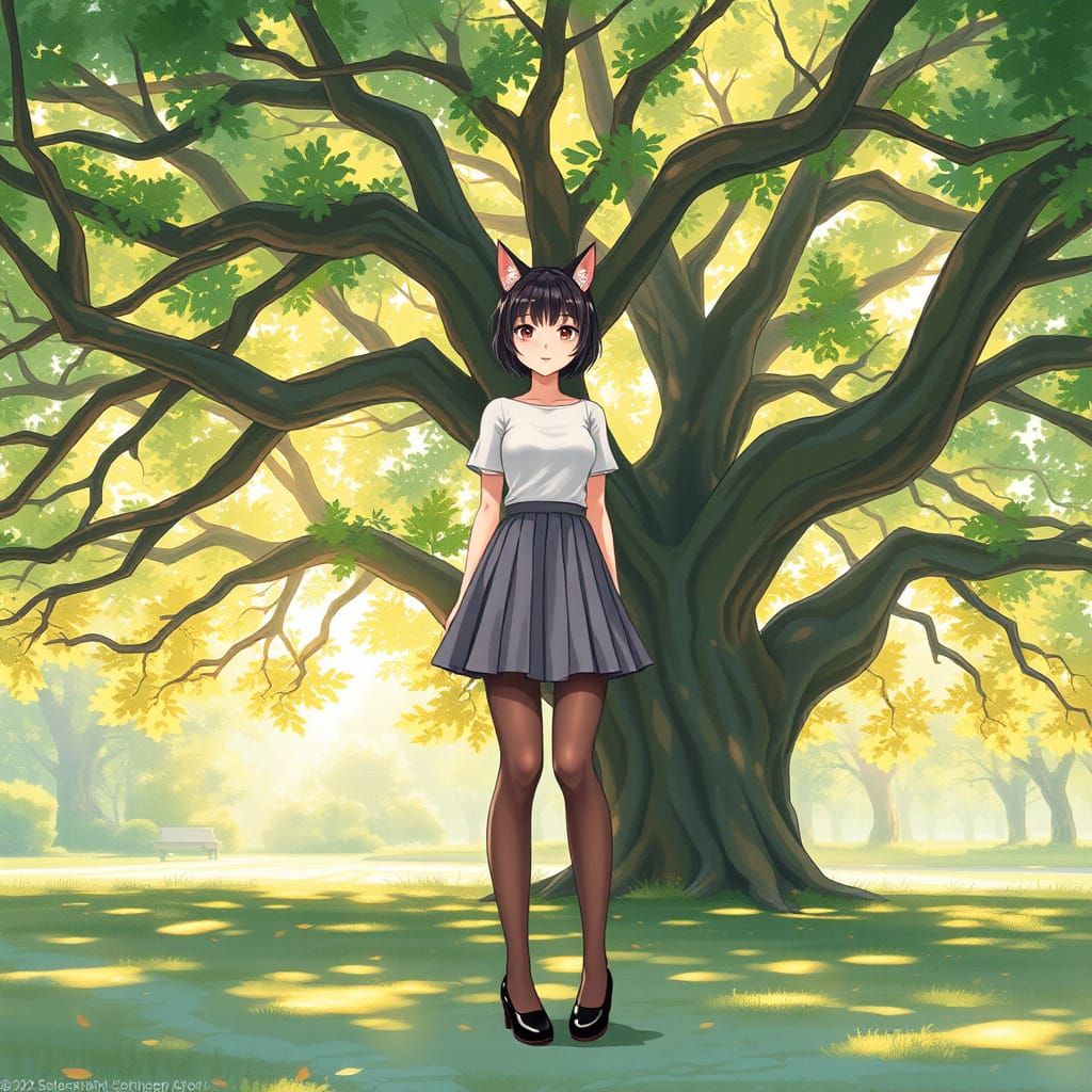 Elegant Neko Girl in Whimsical Oak Tree Setting