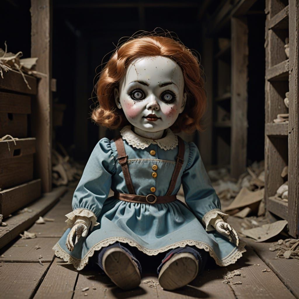 Creepy Porcelain Doll in Dusty Attic