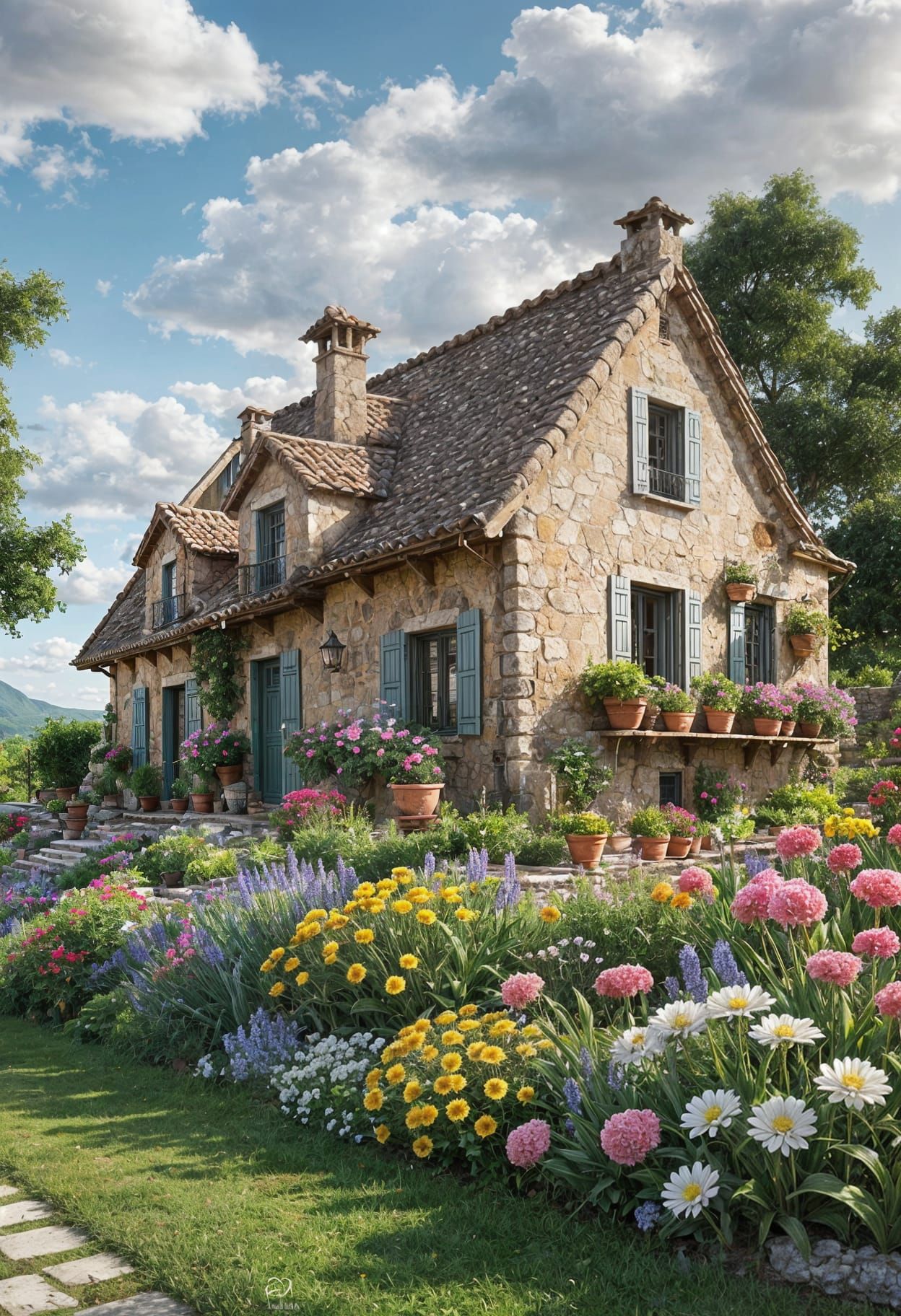 Masterpiece Stone Cottage Surrounded by Intricate Flowers an...