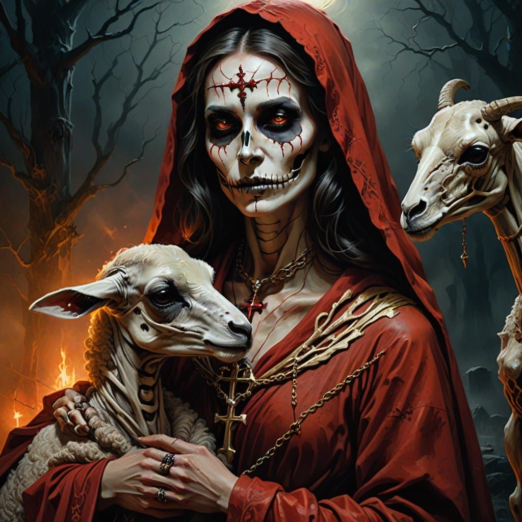 Gothic Dark Fantasy Woman with Lamb in Oil Painting