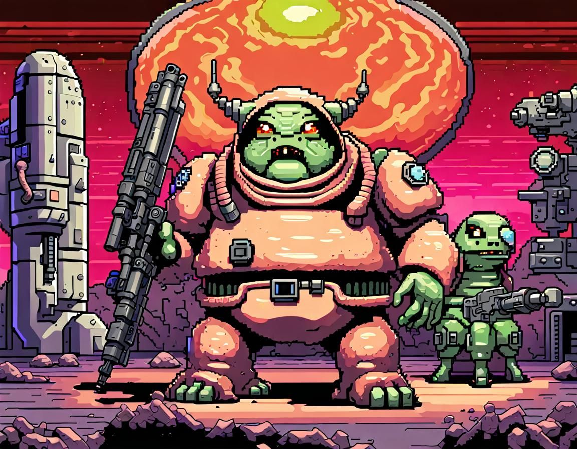 Pixel-Art Level Boss with Super Weapon