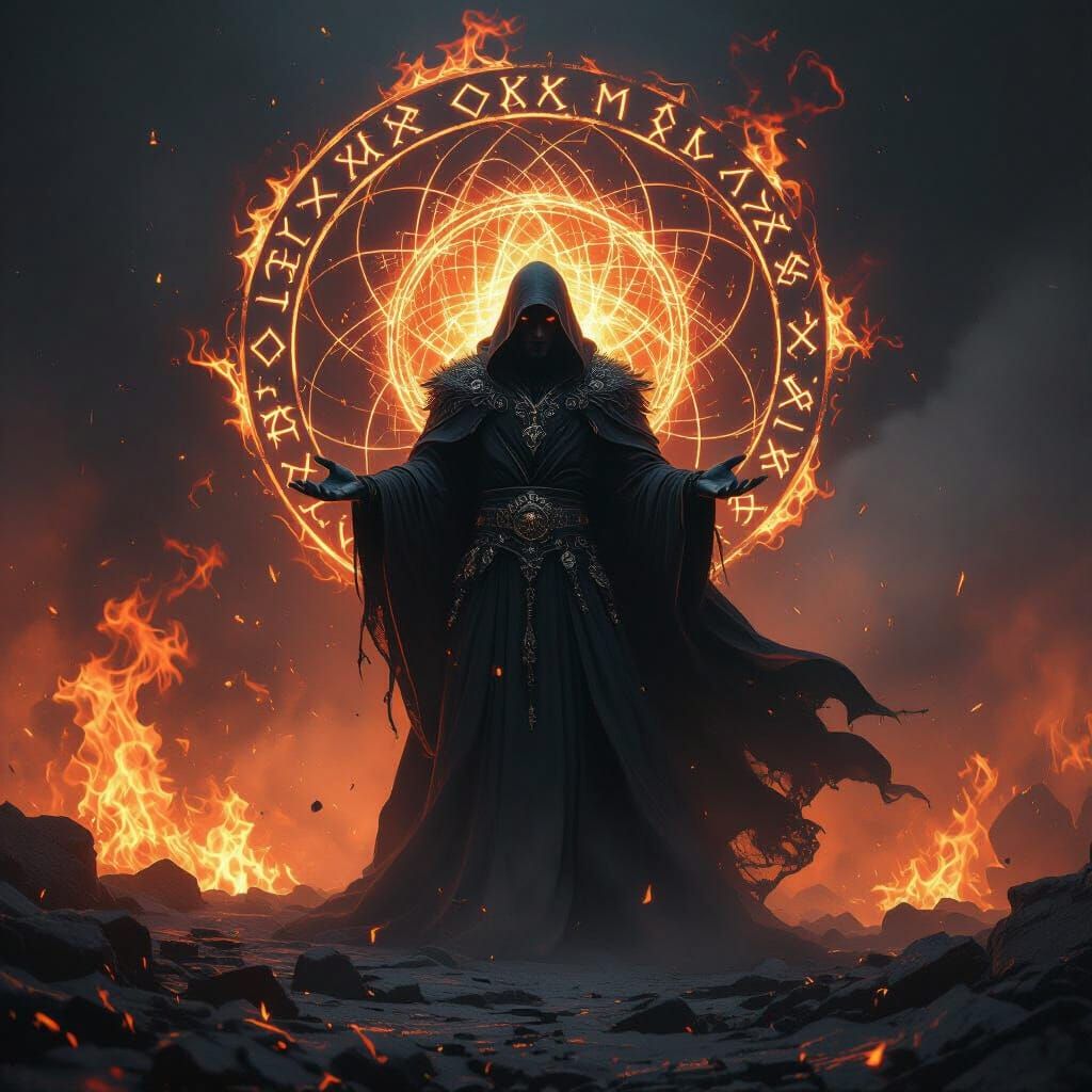 Dark Sorcerer Amidst Black Fire Storm