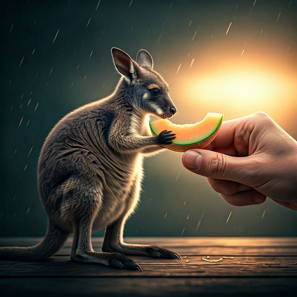 Kangaroo on Finger with Melon, Dreamy Lighting