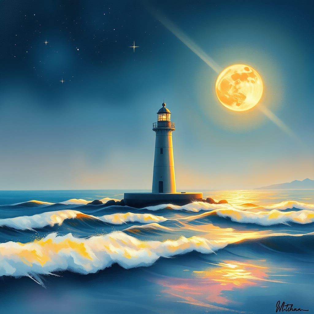 Moonlit Lighthouse in Dreamy Watercolor Style
