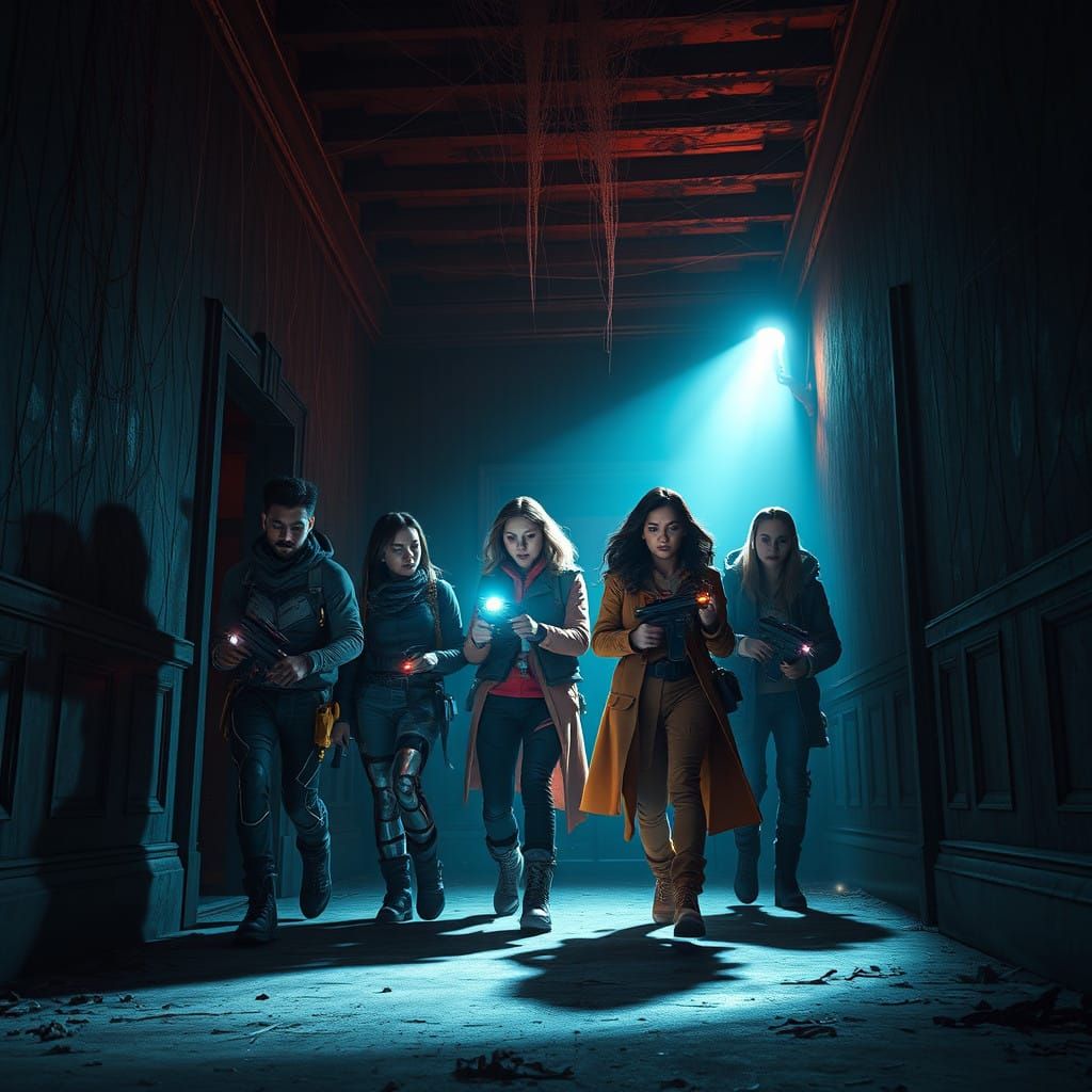 Determined Friends Explore Haunted House in Dark Fantasy Sci...