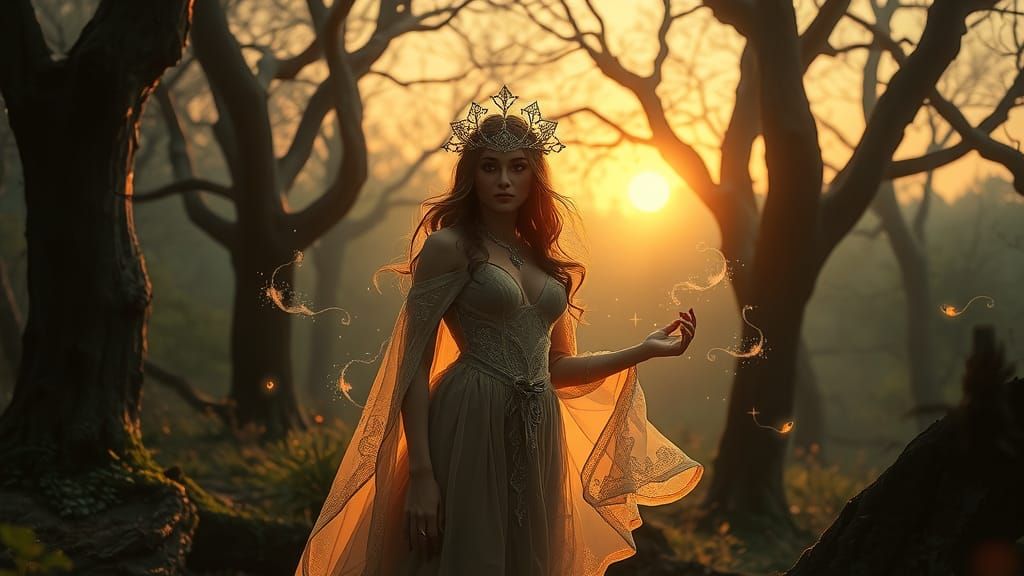 Celestial Sorceress in Mystical Forest, Art Nouveau