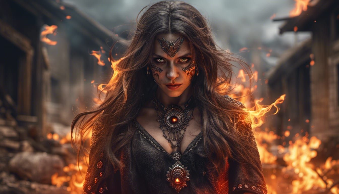 Demonic Sorceress Conjuring Fire in Destroyed Village