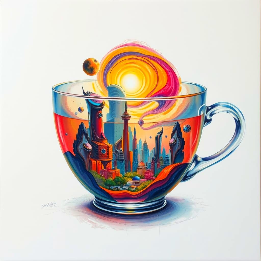 Heavenly Kingdom in Teacup: Neo-Impressionist Oil Painting