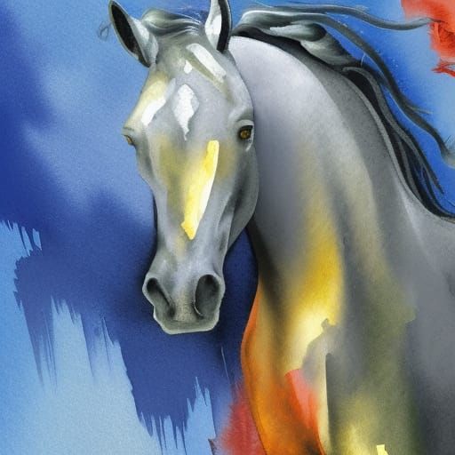 Grey Horse in Rain, Gouache Watercolor Style