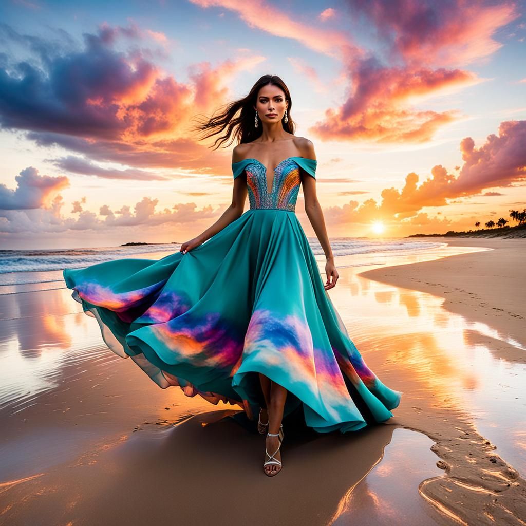 Colorful Sunset Beach Scene with Flowing Dress
