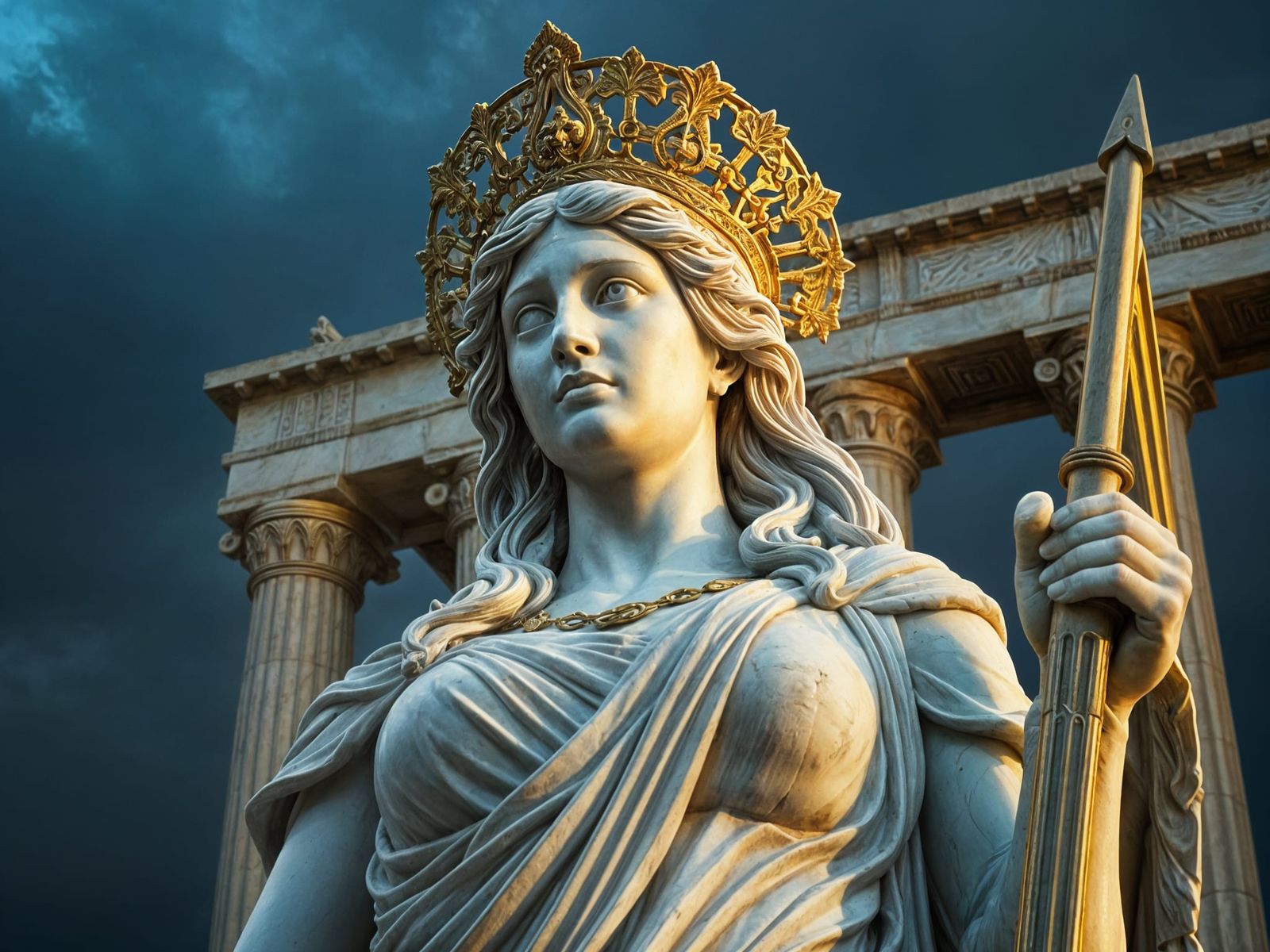 Athena Statue with Gold Filigree, Cinematic Film Still