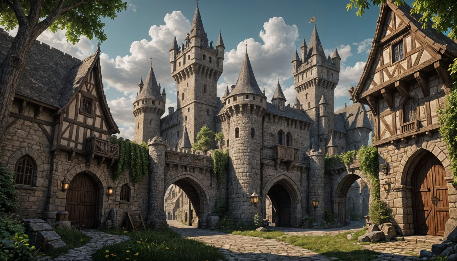 Fortified Medieval Town Gate: Detailed Fantasy Art