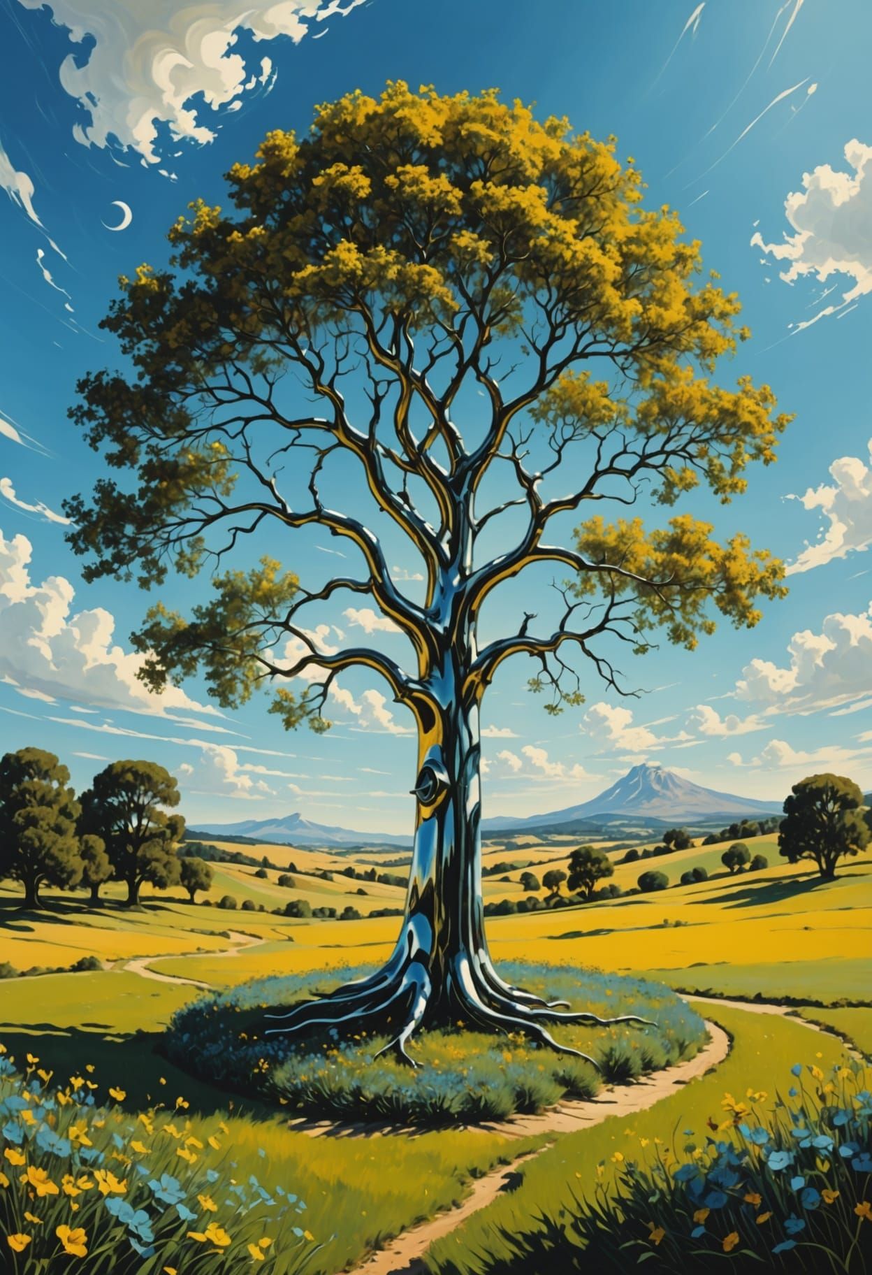 Surreal Chrome Tree Blooms in a Sunlit Meadow