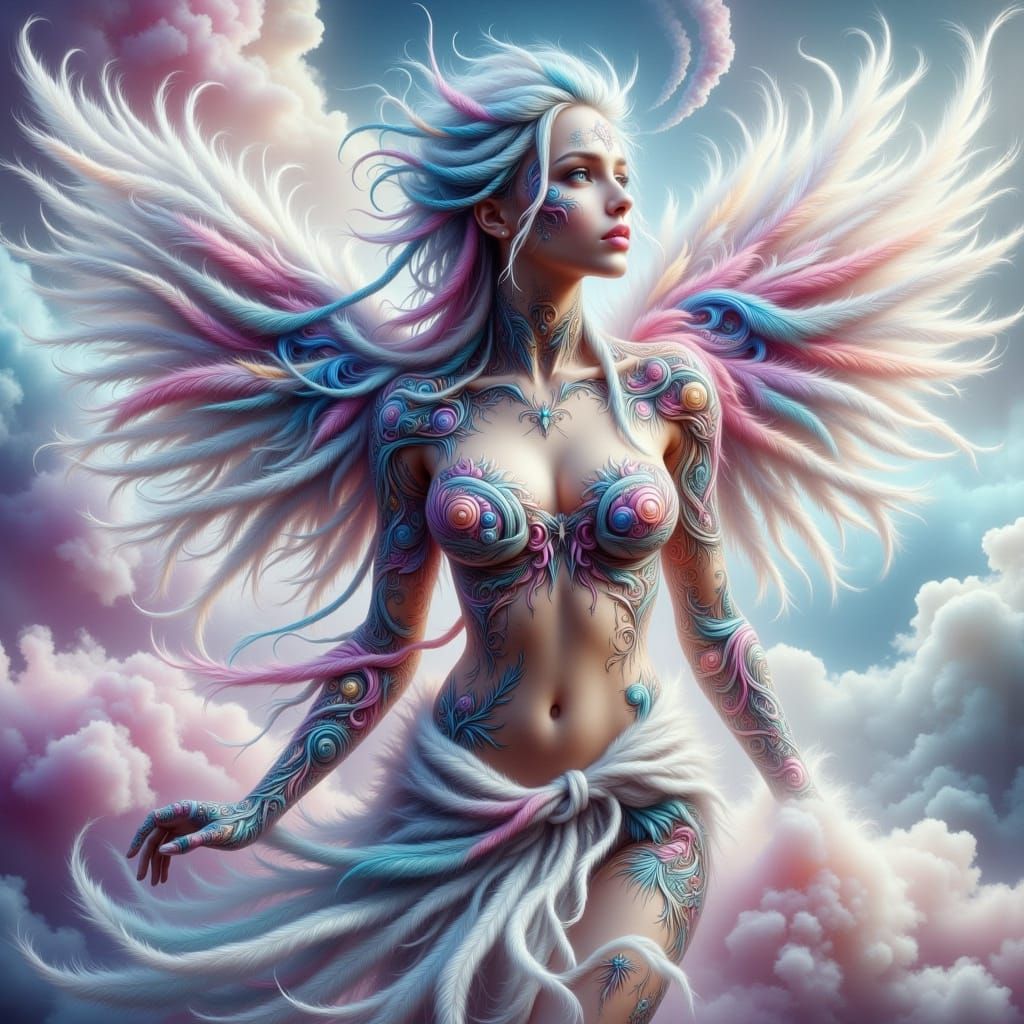 Woman with Feather Wings and Colorful Dreadlocks